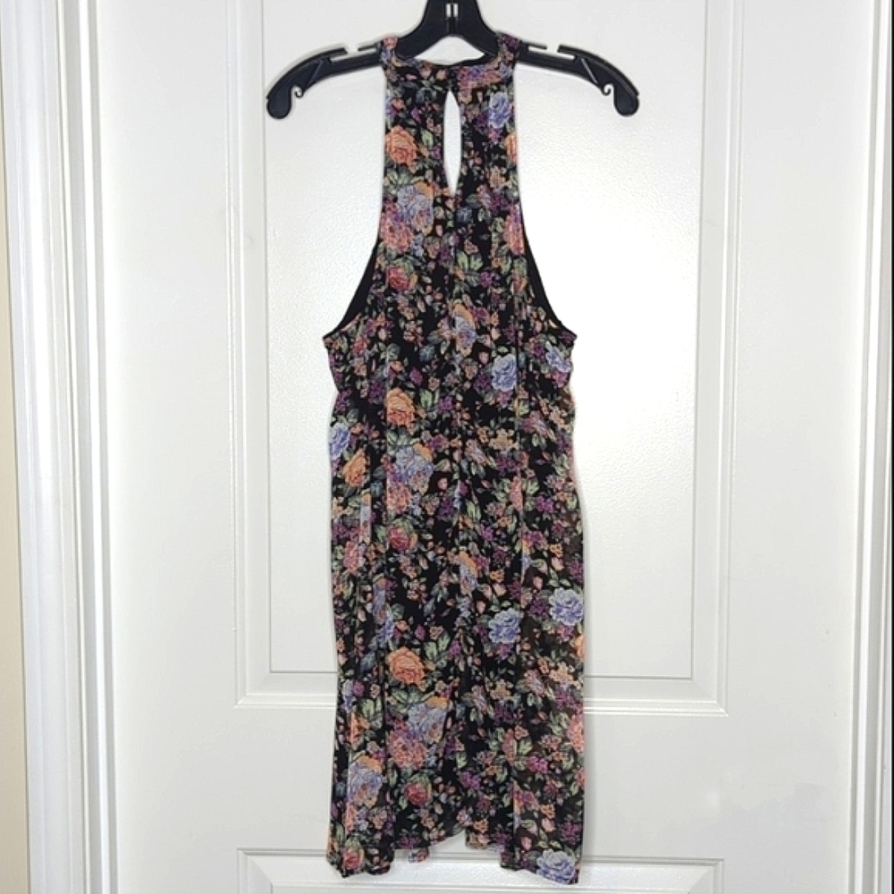 My Story Sleeveless Lined Dark Floral Halter Mini Dress Keyhole Front Back L - Picture 8 of 13
